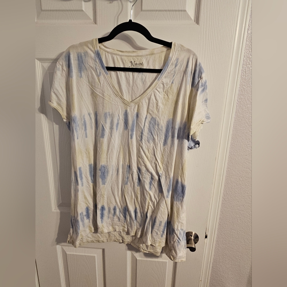 Natural Reflections Blue and Yellow Tie-Dye V-Neck Tee